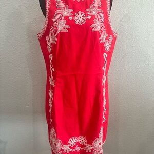 Fate Vibrant Red/Pink  Mini Dress with White Floral Embroidery